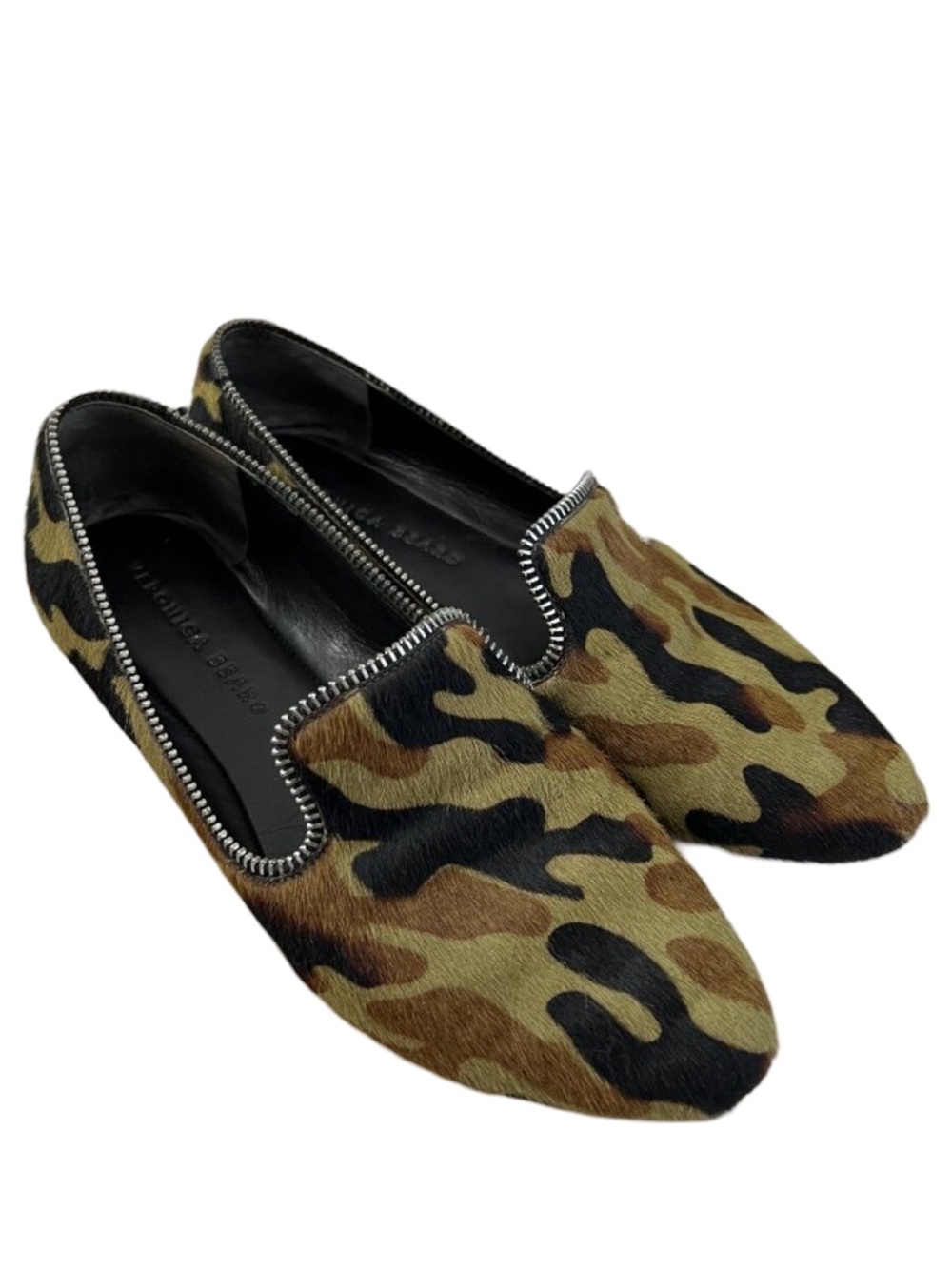 Veronica Beard Griffin Green Camo Genuine Calf Hair Slip On Flats Zipper Detail